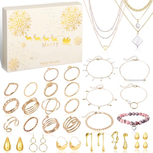 HarnyLoom Adventskalender Schmuck 2025 Damen Weihnachtskalender 24 Halskette Armband Ringe Ohrringe Überraschungen Geschenke Frauen Ehefrau Mutter (Gold A)