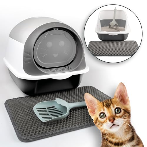 LINUMA® Katzenklo mit Deckel abnehmbar - Katzen Klo mit Katzenstreumatte, Streuschaufel & Aktivkohlefilter - Katzenklo - Katzenklo geschlossen - Katzentoilette hoher Rand (grau) Katze