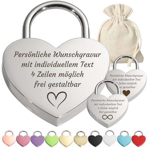 polar-effekt Silber Liebesschloss personalisiert mit Gravur & Schlüssel - Herz Vorhängeschloss mit Wunschtext und Symbol - Elegantes Geschenk für Paare & Verliebte