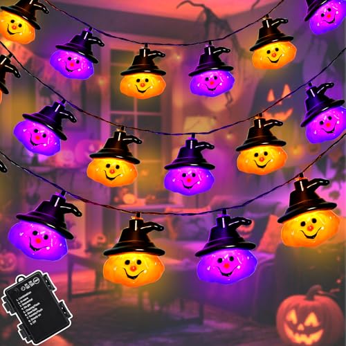 Dalugo Halloween Lichterkette Lila Orange, 3M 20LED Kürbis Lichterkette Batterie mit Timer, 8 Modi Wetterfest Halloween Deko Outdoor für Garten, Party