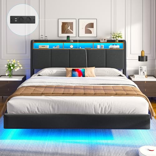 Brinlawb Polsterbett 180x200 cm Schwebebett mit LED-Beleuchtung, Kopfteil und Ladestation(2 AC-Steckdosen, 2 USB-Anschlüsse), Bett 180x200 mit Stauraum, Modern Doppelbett mit lattenrost, Leinen, Grau