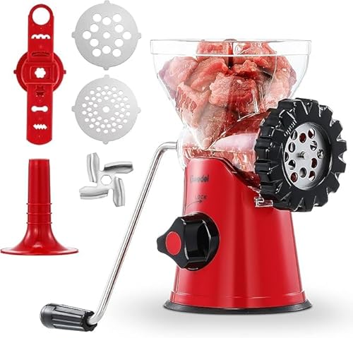 Geedel Fleischwolf Manuell, 4 in 1 Hackfleisch Zerkleinerer Edelstahl mit Wurstfüller Spritzgebäckvorsatz für Hackfleisch Wurst Spritzgebäck Gebäckpresse, Schnellschnitt, Starkem Saugfuß, Rot