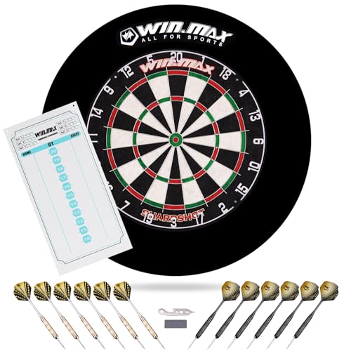 WIN.MAX Dartscheibe Kork Dartscheibe mit Pfeilen Offizielles Steeldartscheibe Dartscheibe Set 12 Dartpfeile Metallspitze,24 Flights (Dartscheibe mit Schutzring)