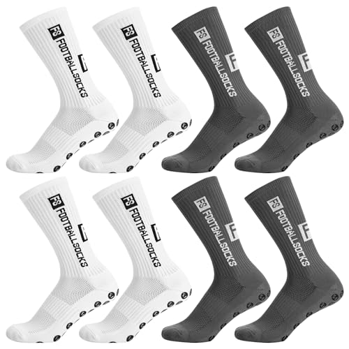 Apricitie 4 Paare Fußball Socken, Sportsocken Fußball Anti Rutsch Grip Fußball Socken, 39-46 Sportsocken für Herren Damen Fussball Basketball Laufen(Weiß, Grau)