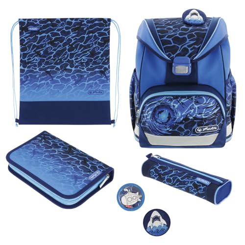 Herlitz Schulranzen Set 6-teilig Blue Shark Ergonomische Ultraleichte Schultasche 1.Klasse Junge Mädchen Kinder 16 L