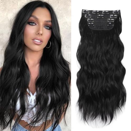 XFSRG 55cm Hair Extensions Clip In Extensions 4 Stück Echthaar Natürlich Haarverlängerung Mit Klammer Lange Gewellte Locken Pferdeschwanz Haarteil Damen Für Dating Party(Schwarz)