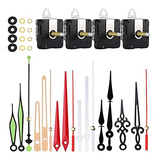 JZK 4 x geräuschloses Quarzuhrwerk mit langem Schaft und 6 Paar Uhrzeiger, Nicht tickende Wanduhr, Quarzuhrwerk, schleichender Uhrmechanismus, batteriebetrieben, geräuschloser Sekundenzeiger