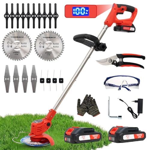 OUTIGO Akku-Rasentrimmer, batteriebetriebener Rasentrimmer mit 21 V, elektrischer Rasentrimmer ohne Kabel,mit 4 Arten von Klingen, Verstellbarer Kopf und Dreifach gefalteter Griff