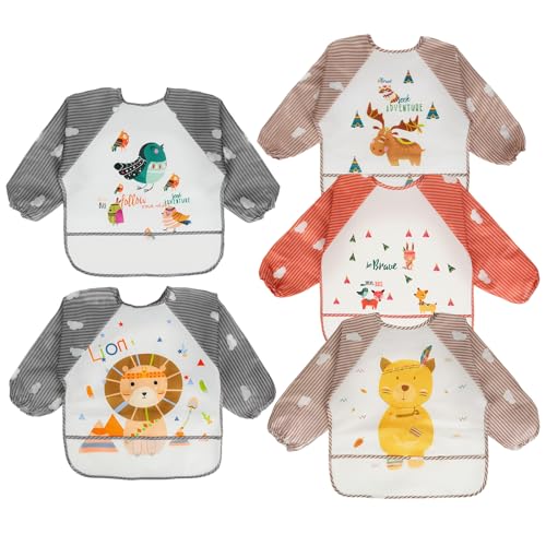 5PCS Baby Lätzchen mit Lange,Wellcutety Ärmeln mit Großer Tasche Wasserdicht Kinder Lätzchen Baby Bibs Set für Kleinkinder Babylätzchen mit Ärmeln für 6-36 Monate Kinder für Essen Basteln Malen Kunst