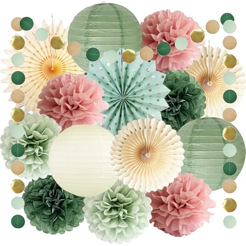 Salbeigrün Rosa Party Deko Olivgrün Seidenpapier Pompons Deko Creme Papierlaterne Papierfächer Papier Girlande für Brautparty Babyparty Geburtstagsdeko Grün Rosa Hochzeit Party Dekorationen