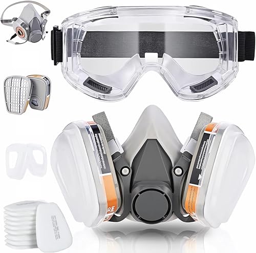 28 in 1 Halb Gesicht Staubmaske Set Filter für Dämpfe, Sand, Asbest, Gas, Säure und Ammoniak mit Schutzbrille, Partikelschutzfiltern Lackierer Masken und mehr mit 20 Filtrierbare Wattepads 2 Patronen