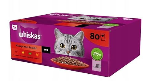 Whiskas Adult 1+ Katzennassfutter Klassische Auswahl in Sauce, 80x85g Mega Pack – Hochwertiges Nassfutter für ausgewachsene Katzen