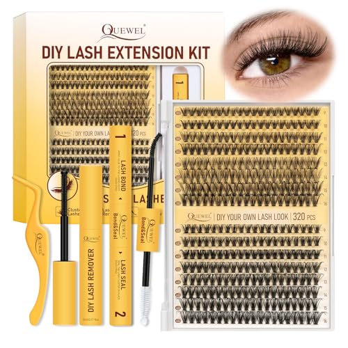 QUEWEL Wimpern Extensions Set 320STK 30D+40D, Lashes Cluster für natürlichen Look DIY zu Hause, Lash Extension mit Wimpernkleber dauerhaft, Wimpern Pinzette und Wimpern Remover (30D+40D-kit)