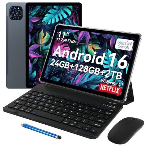 TABWEE T90 Android 16 Tablet mit Tastatur - Gemini AI, 24GB RAM+128GB ROM, Octa Core T615, Gaming Tablet 11 Zoll, 1920x1200 FHD+IPS, 8000mAh Akuu, 13MP+5MP KI Kamera, 5G WiFi, Widevine L1, GPS