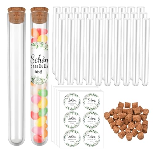 30 Stück Reagenzglas mit Korken Reagenzgläser für Blumen Reagenzglas Kunststoff mit 30 Korken und 6 Stück Flaschenpost für Hochzeit und Geburtstagsfeier Geschenk Lagerung von Süßigkeiten und Gewürzen