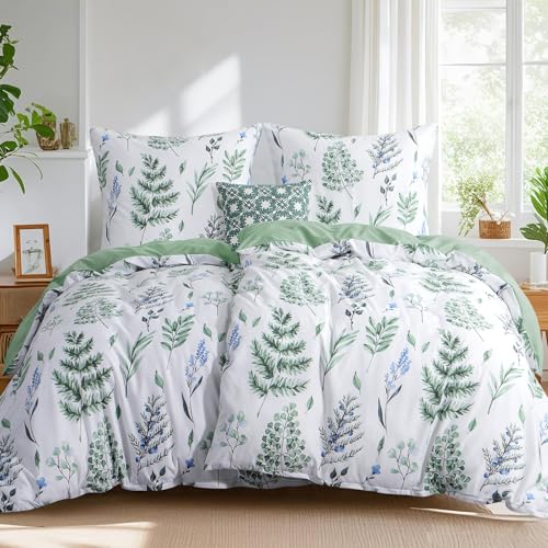 Tifschlaf Bettwäsche 135x200 4teilig, 2 Bettbezüge 135 x 200 mit 2 Kissenbezüge 80x80 cm Grün, ÖKO-TEX Mikrofaser Bettwäsche-Sets Blumen Salbeigrün Muster, Weich & Bügelfrei mit Reißverschluss