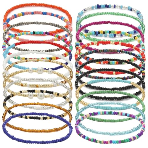 SYEYCW 24 Stück Boho Fußkettchen, Elastische Handgefertigte Perlen Fußkette, Mehrschichtige Bunte Fußkettchen, Boho Sommer Fussketten für Strand, Perlen Fuß Schmuck für Frauen Damen