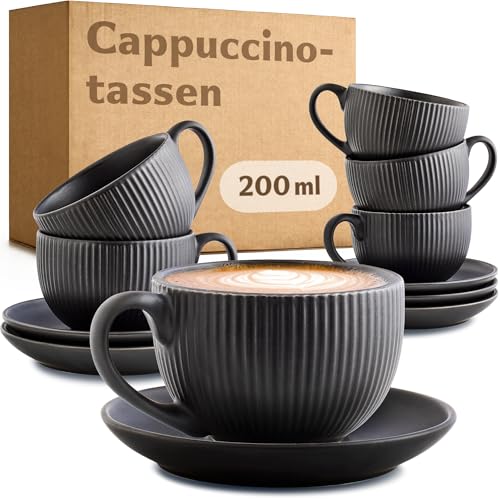 Cosumy Cappuccinotassen Schwarz mit Untertassen - 6er Set - 200ml - Streifenmuster Keramik - Spülmaschinenfest - Cappuccino Tassen mit Henkel - Matt