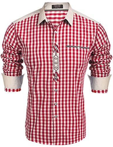 COOFANDY Trachtenhemd Herren Oktoberfest Hemd Karriert Regular Fit Bayrisches Hemd Männer Trachten Hemden Oktoberfest Herren Outfit Karohemden Baumwolle 45-winerot XL