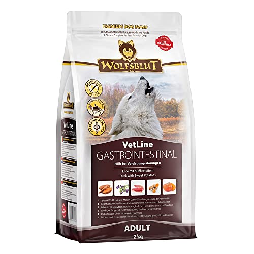 WOLFSBLUT – VetLine Gastrointestinal | Diät Trockenfutter für ausgewachsene Hunde mit Magen-Darm-Erkrankungen. Geteidefreies Alleinfutter im Beutel | 2kg Ente mit Süßkartoffeln