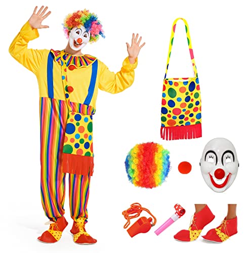 VKI® Komplettes Clown Kostüm Set für Erwachsene - Inkl. Perücke, Maske, Nase, Schuhe & Tasche | Karneval, Halloween & Zirkus Kostümzubehör | Cosplay Party Ausstattung