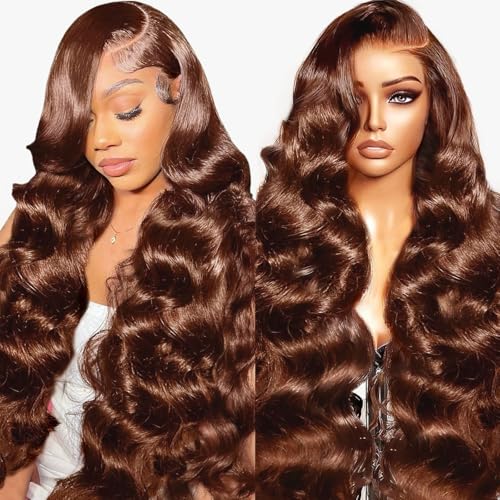 RXY Echthaar Perücke 13x4 Body Wave Braun 180% Dichte HD Lace Front Wig 100% Human Hair Wig #4 Perücke Damen mit Babyhaar 22 Zoll Brown Human Hair for Women（56cm）