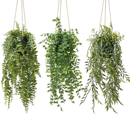 YVONNEYI 3 Stück 50.8/50/48.7cm Hängepflanze Künstlich im Schwarz Topf, Künstliche Hängepflanzen für Balkon Deko, Kunstpflanze Hängend für Wohnzimmer Wand Büro Zimmer Regal Indoor Outdoor Deko