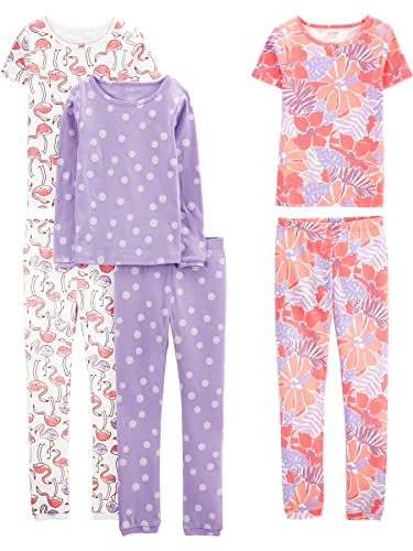 Simple Joys by Carter's Mädchen 6-Piece Snug Fit Cotton Pajama Set Pyjamaset, Lila Punkte/Weiß Flamingo/Floral, 6-9 Monate (3er Pack)