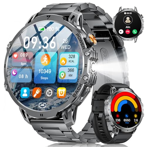 2026 Smartwatch Herren Militär-1.85'' HD Große Display/1000mAh Akku(20 Tage),Outdoor Smartwatch mit Taschenlampe/110+ Sportmodi,IP68 Wasserdicht Fitnessuhr mit Puls/Schlafmonitor,Android iOS,2 Banders