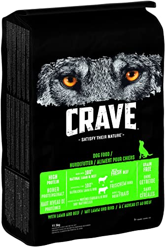 CRAVE Adult Trockenfutter für Hunde ohne Getreide - 11,5kg - mit 100 Prozent natürlichem Lamm & Rind - Premium Hundefutter trocken mit hohem Proteingehalt - 1 Beutel