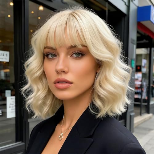 PARXITN Kurze Bob Perücke Damen mit Pony Natürliches Platin Blond Perücke Karneval Haar Bunt Täglich Party Halloween Cosplay Gewellte Lockige Perücken Fasching für Frauen