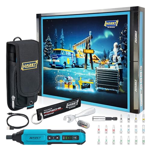 HAZET Adventskalender 2025, 24-teilig, mit 1/4 Zoll Akku-Schrauber, 18 Bits, USB-C Kabel, Adapter, Schlüsselanhänger, Flaschenöffner, praktische Werkzeugtasche im Weihnachtskalender, Werkzeugkalender