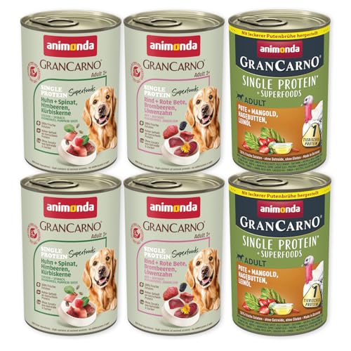 animonda GranCarno Hunde Nassfutter Superfoods Variation (6 x 400g), getreidefreies Single Protein Hundenassfutter ohne Zucker, für ausgewachsene Hunde, mit frischen fleischigen Zutaten