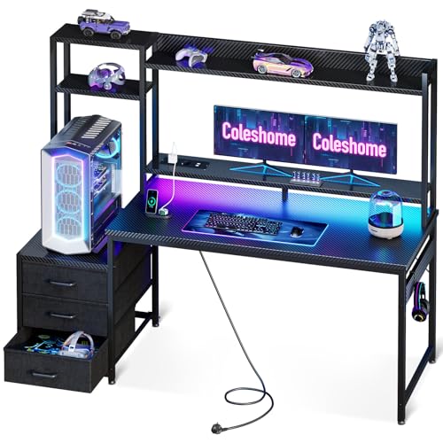 Coleshome Gaming Tisch mit Regal und Schubladen,137×48cm Gaming Schreibtisch mit LED-Beleuchtung & Steckdose, Computertisch mit Ablageflächen & Monitorständer, Carbon Fiber Schwarz