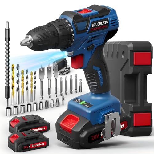 20V Brushless Akku Bohrschrauber Set mit 2 Akkus 2.0Ah, Akkuschrauber, Akkubohrer 60Nm Drehmoment, 25+1 Drehmomentstufen, 10mm Bohrfutter, 2-Gang, LED-Licht, 25 Zubehör und Koffer, Für Reparatur & DIY