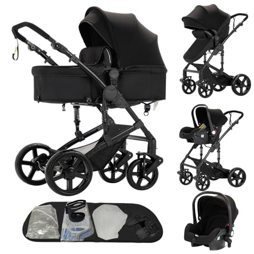 kinderwagen 3 in 1,Dreibucherrahmen & Doppel-Federung,Ein-Klick-Faltmechanismus für Neugeborene und Kleinkinder(Schwarz)