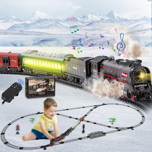 Joellfuner Elektrische Zug Spielzeug, Eisenbahn Kinder Elektrisch, Fernbedienung Dampfzug Spielzeug mit Dampf, Sounds und Lights, Weihnachtszug um den Baum Geschenk für Kinder