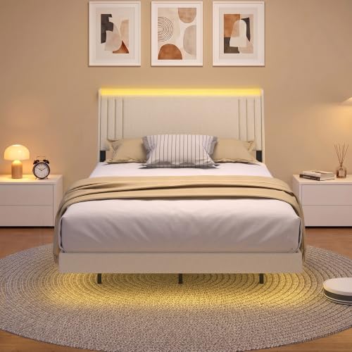 Blishom Schwebebett 145x211.5cm, Polsterbett mit LED-Beleuchtung & USB-Ladestation, Premium-Leinen-Plattformbett mit Versteckten Beinen, Kein Lattenrost Erforderlich, Beige