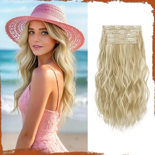 Sofeiyan Clip in Extensions, 4PCS 40 cm Haarverlängerung für Damen, Lockige Dicke Synthetische Haarextensions zum Einklippen Natürliches Weiches Clip in Haarteil – Dunkles Goldblond mit Beigeblond