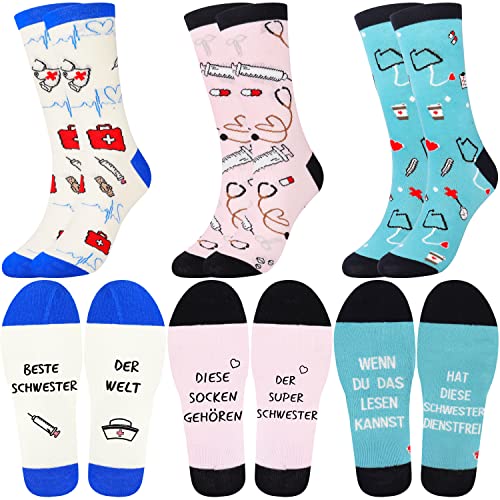 Jeasona 3 Paare Krankenschwester Socken Damen 39-42 Zubehör Lustig Geschenk Rente Ideen Personalisiert Kleidung