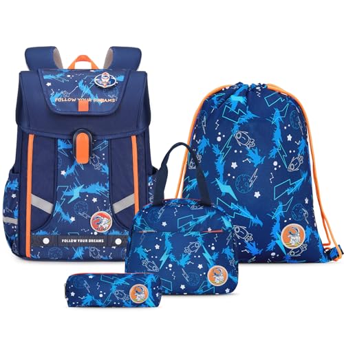 Amythe Set 4-teilig Schulranzen Jungen Ergonomischer, Schulrucksack Jungen der ab 1. Klasse, Rucksack Kinder mit Brustgurt, Reflektoren, Abnehmbarer Gürtel, Weltraum-Motiv