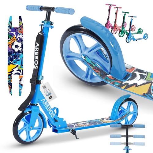 Arebos Cityroller Tretroller Blau Scooter höhenverstellbar | klappbar | inkl. Traggurt | XXL Räder | Tritt-Bremse | für Kinder und Erwachsene | bis 100kg belastbar | Kickroller | Kickscooter