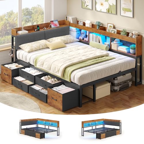 Polsterbett Schlafsofa 140x200 mit Stauraum Jugendbett mit 6 Staufächern & 6 Schubladen Bett 140x200 mit LED-Beleuchtung & Ladestation,Tagesbett mit Gepolstertem Kopfteil(Vintage Braun, 140x200cm)