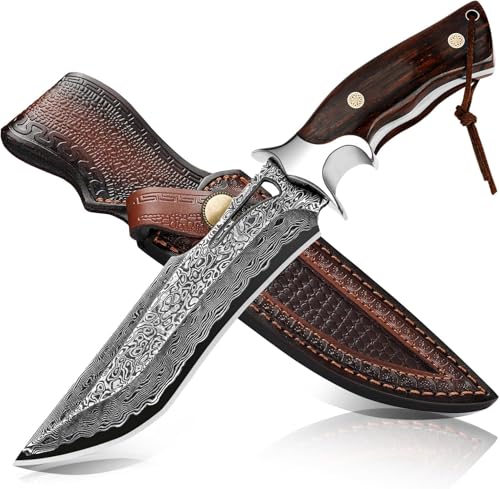 Handgefertigtes Damast Jagdmesser 26,4 cm – Outdoor Messer mit feststehender Klinge, VG10 Kern, Bushcraft & Survival Messer mit Holzgriff und Lederscheide, Geschenk für Männer und Frauen