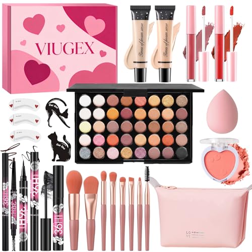 Viugex Make Up Set, All In One Makeup Kit, Schminkset für Mädchen Frauen Teenager, Kosmetik Geschenkset mit Lidschatten Palette Foundation Rouge Lipgloss Mascara Eyeliner Augenbrauenstift Pinsel