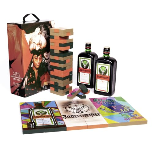 Jägermeister Set Meister Bricks - 2 x 0,7l Premium Kräuterlikör 35% Vol. und Meister Bricks Holz Stapelturm – für Spieleabend und als Partyspiel, Jägermeister Geschenkset - Geschenkidee