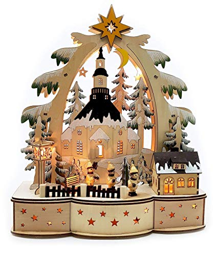 Wichtelstube-Kollektion Schwibbogen, handbemalt und detailreich, Hochwertiges Echtholz, Innenbeleuchtet mit Timer Funktion, Schwippbogen Weihnachten, Sparsam im Batteriebetrieb