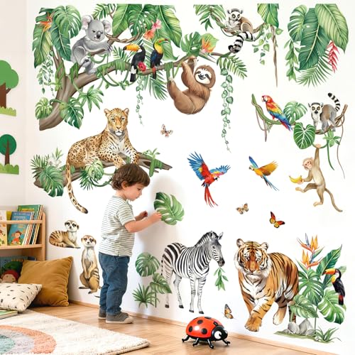 decalmile Wandsticker XXL Safari Tiere Kinderzimmer Wandtattoo Dschungel Tiere Hängende Grüne Tropische Blätter Wandaufkleber Junge Babyzimmer kinderzimmer Wanddeko