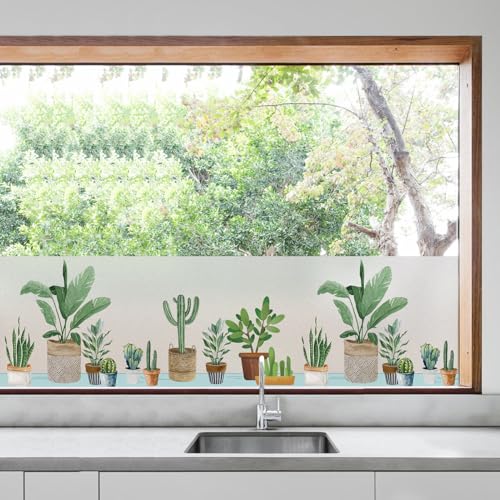 dktie Fensterfolie Blickdicht Sichtschutzfolie Fenster Milchglasfolie Topfpflanzenmuster Statisch haftend ohne Klebstoff Wiederverwendbar Geeignet für Wohnzimmer, Schlafzimmer, Küche 44.5x200cm