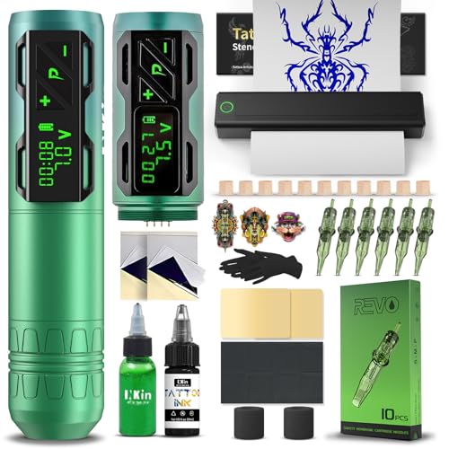 INKin Tattoo Maschine Set, Kabelloser Tätowiermaschine mit 4.0 Hublänge und 2pcs 1800mAh Batterien, Tattoo Zubehör Set Komplett mit Tattoo Drucker Bluetooth, Stencil Stuff, Tattoo Farbe und Nadeln